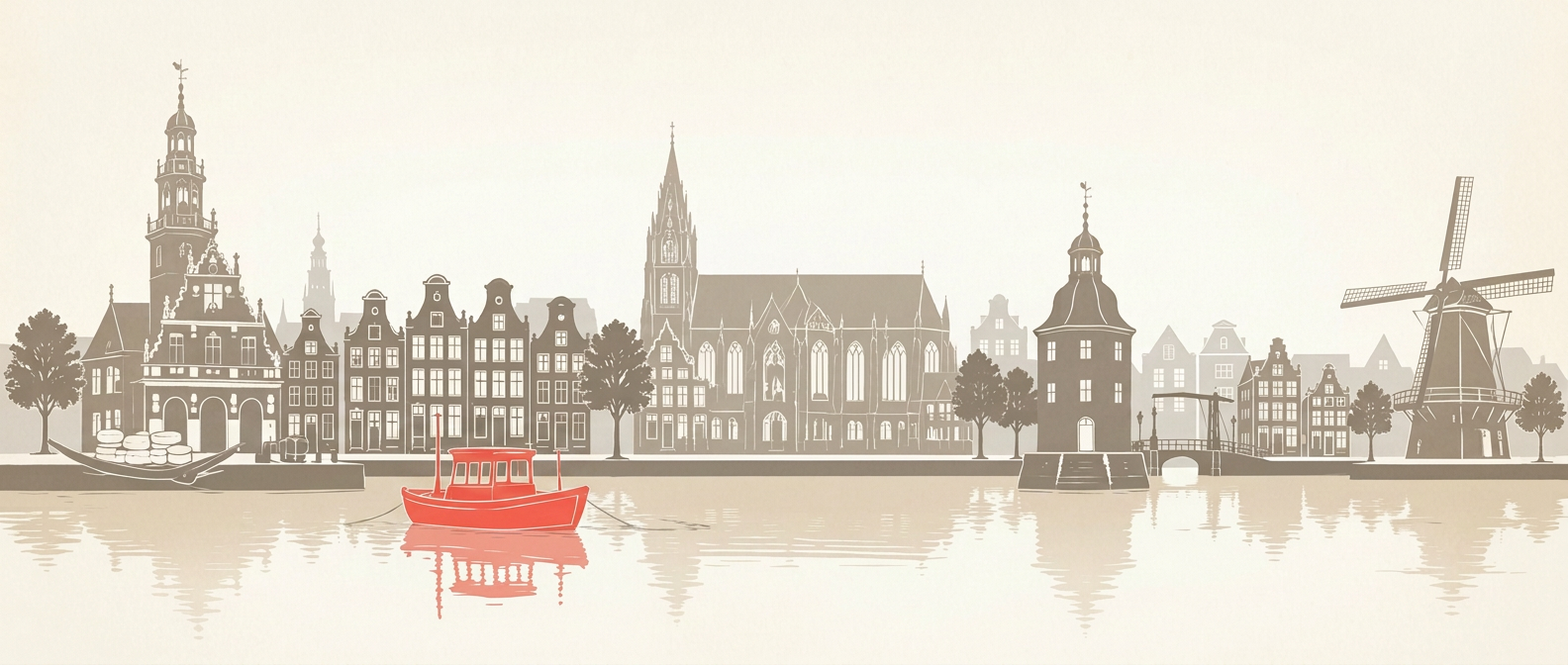 Panoramisch silhouet van de Alkmaarse skyline met een varend bootje